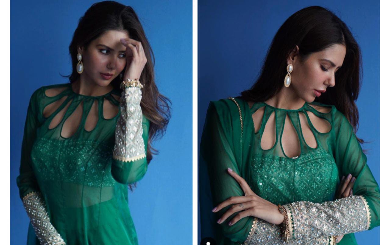 Sonam Bajwa Dark Green Color Georgette Fabric Elegant Festive Look Anarkali  Suit